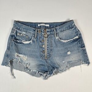 Zara‎ Denim Shorts Womens 6 Blue Distressed Ripped High Waist Ring Boho Festival